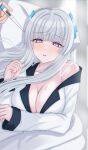  1girl blue_archive breasts cleavage headgear highres jacket long_hair long_sleeves looking_at_viewer medium_breasts naked_jacket no_shirt noa_(blue_archive) on_bed open_clothes open_jacket purple_eyes sweat thermometer under_covers white_hair white_jacket woodhxx 