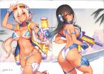 2girls absurdres ahoge ass asura_archer_aoi asura_ninja_aoi bare_shoulders bikini black_hair blonde_hair blush bracelet breasts brown_eyes cleavage closed_mouth goggles goggles_on_head hair_ornament hairclip hand_up highleg highleg_swimsuit highres holding jacket jewelry large_breasts lips long_hair looking_at_viewer low_twintails medium_breasts megami_device multiple_girls navel nidy ocean one-piece_swimsuit one_eye_closed open_clothes open_jacket outdoors page_number parted_lips scan shiny_skin simple_background sleeveless sleeveless_jacket smile stomach swimsuit tan thigh_strap twintails water water_gun 