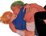  2boys bandaged_arm bandages black_pants blonde_hair blue_eyes closed_eyes colored_skin earrings flustered french_kiss green_hair half-closed_eyes highres hug jewelry kiss kzwtr8 male_focus mature_male multiple_boys one_piece pants roronoa_zoro sanji_(one_piece) shirt simple_background single_earring tan teeth tongue topless topless_male upper_teeth_only white_background white_skin yaoi 