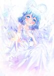  1girl absurdres blue_eyes blue_hair bow collarbone eyelashes feathers grin hair_between_eyes hair_ornament hair_rings hair_stick hand_on_own_chest highres it_po_(sss_cmy) kaku_seiga looking_at_viewer reaching reaching_towards_viewer short_hair smile solo touhou white_bow white_feathers white_wings wings 