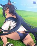  1girl amane_sou animal_ears ass bare_shoulders black_hair black_panties blue_sky blush breasts butt_crack commentary_request feet_out_of_frame from_behind hair_between_eyes hishi_amazon_(umamusume) horse_ears horse_girl horse_tail long_hair medium_breasts off-shoulder_shirt off_shoulder on_grass on_ground open_mouth outdoors panties red_eyes shirt sky solo tail umamusume underwear very_long_hair white_shirt 