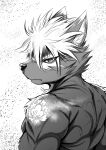 absurd_res anthro asakura_kento athletic athletic_anthro athletic_male back_muscles black_body black_fur canid canine canis clothed clothing domestic_dog facial_scar fur glowing hair hi_res lifewonders male mammal scar solo tadatomo tattoo tokyo_afterschool_summoners topless white_hair