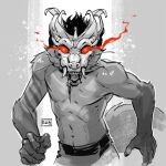 1:1 abstract_background anthro belt claws clothed clothing fur glowing glowing_eyes hair looking_at_viewer male mammal mask monochrome muscular muscular_anthro muscular_male sharp_teeth simple_background skitalets solo teeth topless