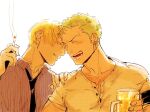  2boys alcohol beard beer beer_mug black_necktie blonde_hair cigarette closed_eyes colored_skin cup earrings facial_hair flustered grabbing_another&#039;s_shoulder green_hair highres holding holding_cigarette holding_cup implied_yaoi jewelry kzwtr8 male_focus mature_male mug multiple_boys necktie one_piece roronoa_zoro sanji_(one_piece) shirt short_hair simple_background single_earring smile tan teeth white_background white_shirt white_skin 