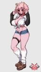  1girl absurdres alternate_breast_size ashido_mina black_sclera black_sleeves boku_no_hero_academia breasts collared_shirt colored_sclera colored_skin denim denim_shorts double_v full_body grin hands_up highres horns kneehighs koohiitei_shinbo large_breasts loafers long_sleeves micro_shorts midriff pink_hair pink_skin shirt shoes short_hair shorts smile socks solo standing stomach teeth thigh_strap tied_shirt v white_shirt white_socks yellow_eyes yellow_horns 
