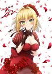  1girl ahoge black_gloves blonde_hair breasts cleavage dress falling_petals fate/extra fate_(series) flower gloves green_eyes gu-rahamu_omega_x hair_between_eyes hair_intakes highres large_breasts light_blush long_hair looking_at_viewer nero_claudius_(fate) petals red_dress red_flower red_rose rose rose_petals smile solo 