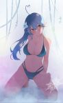  ahoge bikini blue_bikini breasts highres hololive large_breasts menomeno_draw ponytail snowflakes snowing swimsuit white_background yellow_eyes yukihana_lamy 