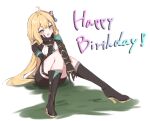  1girl :d ahoge arm_support black_footwear black_gloves black_jacket black_shorts blonde_hair boots english_text full_body gloves green_necktie hand_on_own_cheek hand_on_own_face happy_birthday high_heel_boots high_heels hiruga_agurih honkai_(series) honkai_impact_3rd jacket long_hair long_sleeves looking_at_viewer necktie open_mouth ponytail short_necktie shorts simple_background smile solo susannah_manatt susannah_manatt_(valkyrie_quicksand) very_long_hair white_background yellow_eyes 