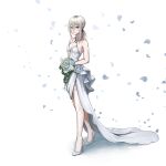  1girl absurdres alternate_costume an-94_(girls&#039;_frontline) aqua_eyes bare_shoulders blonde_hair blush bouquet breasts closed_mouth collarbone crush_kim dress flower full_body girls&#039;_frontline hair_flower hair_ornament high_heels highres holding holding_bouquet holding_flower legs lips long_hair looking_at_viewer petals ponytail sidelocks small_breasts smile solo standing thighhighs wedding wedding_dress white_background white_dress white_footwear white_thighhighs 