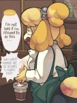 animal_crossing anthro apron beverage big_breasts bodily_fluids bottomwear breasts buckteeth canid canine canis clothed clothing coffee coffee_cup container cup dialogue domestic_dog female fur head_tuft hi_res huge_breasts isabelle_(animal_crossing) lactating lilbunpinky long_ears mammal milk nervous nintendo open_clothing open_shirt open_topwear pants shirt solo speech_bubble sweat sweatdrop teeth topwear tuft unbuttoned_shirt yellow_body yellow_fur