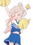  1girl :d absurdres ahoge arm_up bare_arms blue_skirt blush cheerleader closed_eyes commentary cowboy_shot dot_nose facing_viewer flying_sweatdrops grey_hair highres holding holding_pom_poms long_hair midriff_peek multicolored_hair navel onii-chan_wa_oshimai! open_mouth oyama_mahiro pink_hair pleated_skirt pom_pom_(cheerleading) ponytail shirt simple_background skirt sleeveless sleeveless_shirt smile solo sweat two-tone_hair white_background yama_h15 