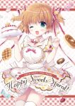  1girl 2018 ;d ahoge apron aqua_eyes back_bow blonde_hair blush bow cake candy character_name collarbone colored_eyelashes commentary_request copyright_name cover cover_page cowboy_shot dated detached_collar doujin_cover dress english_text eyes_visible_through_hair fingernails floating_hair food fork frilled_apron frilled_dress frills fruit hair_between_eyes hair_ornament hair_ribbon hands_up happy highres holding holding_fork holding_tray hoshimame_mana kamikita_komari little_busters! long_ribbon looking_at_viewer maid_apron one_eye_closed open_mouth pancake petticoat pink_bow plaid plaid_dress puffy_short_sleeves puffy_sleeves red_ribbon ribbon short_hair short_sleeves simple_background smile solo standing star_(symbol) star_hair_ornament strawberry thighhighs translation_request tray two_side_up waitress white_apron white_background white_bow white_thighhighs wind wind_lift yellow_dress 