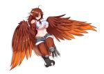  1girl ahoge bankage bare_shoulders belt bird_legs breasts bright_pupils brown_feathers brown_hair brown_wings commentary commission crop_top denim denim_shorts feathered_wings feathers gradient_wings green_eyes hair_over_one_eye harpy long_hair midriff monster_girl multicolored_wings navel orange_feathers orange_wings original pointy_ears shirt short_shorts shorts simple_background smile solo talons underboob very_long_ears white_background white_shirt winged_arms wings 