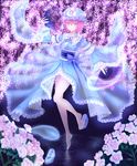 arm_up armband bad_id bad_pixiv_id bare_legs barefoot bow cherry_blossoms fan frills hat highres hitodama japanese_clothes kimono legs light_smile long_legs looking_at_viewer lunatic_(phantasy) obi open_hand pink_eyes pink_hair platform_footwear ribbon ripples saigyouji_yuyuko sandals sash see-through shoes shoes_removed single_shoe solo standing standing_on_liquid standing_on_one_leg tiptoes touhou triangular_headpiece 