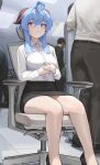  1girl 3boys absurdres ahoge blue_hair blue_nails chair collared_shirt dolri ganyu_(genshin_impact) genshin_impact highres horns long_hair miniskirt multiple_boys office office_chair office_lady pencil_skirt purple_eyes shirt sitting skirt swivel_chair white_shirt 