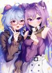  2girls absurdres ahoge blue_hair bow braid closed_mouth cone_hair_bun double_bun finger_heart ganyu_(china_merchants_bank)_(genshin_impact) ganyu_(genshin_impact) genshin_impact glasses goat_horns hair_between_eyes hair_bow hair_bun highres horns keqing_(genshin_impact) keqing_(lantern_rite)_(genshin_impact) long_sleeves looking_at_viewer multiple_girls official_alternate_costume open_mouth outdoors pink_eyes red-framed_eyewear scarf sidelocks skirt smile sweater takemura_kou teeth twintails upper_teeth_only v white_bow white_skirt yuri 