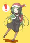  ! 1girl absurdres backpack bag black_pantyhose black_sailor_collar black_serafuku black_shirt black_skirt crescent crescent_hair_ornament full_body fur-trimmed_headwear fur_trim fyuo green_eyes green_hair hair_ornament hat highres kantai_collection long_hair nagatsuki_(kancolle) neckerchief pantyhose randoseru red_headwear sailor_collar sailor_shirt santa_hat school_uniform serafuku shadow shirt simple_background skirt solo spoken_exclamation_mark white_neckerchief yellow_background 