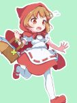  1girl apron basket brown_hair flower_bracelet flying_sweatdrops green_background highres holding holding_basket jazz_grace outline pantyhose puffy_short_sleeves puffy_sleeves puyopuyo puyopuyo_quest rebecca_(puyopuyo_quest) red_footwear red_hood red_skirt running shirt short_sleeves skirt solo waist_apron white_apron white_outline white_pantyhose white_shirt 