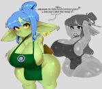absurd_res apron apron_only areola big_breasts blue_hair bodily_fluids breasts clothing dialogue ear_piercing ear_ring female goblin green_body green_skin hair hi_res huge_breasts humanoid mishythesheep piercing ring_piercing short_stack sweat text thick_thighs