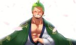  1boy abs absurdres bara bare_pectorals blush chonmage closed_eyes collarbone earrings falling_petals green_hair grin highres japanese_clothes jewelry kimono male_focus mouth_hold muscular muscular_male official_alternate_costume one_piece pectoral_cleavage pectorals petals roronoa_zoro scar scar_across_eye short_hair simple_background smile solo stalk_in_mouth udon_oneday v-shaped_eyebrows white_kimono 