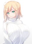  1girl :&gt; absurdres blonde_hair breasts bright_pupils closed_mouth gradient_background green_eyes grey_background half_updo highres huge_breasts long_sleeves looking_at_viewer original ribbed_sweater shiki_(psychedelic_g2) short_hair smile solo sweater swept_bangs turtleneck turtleneck_sweater upper_body white_background white_pupils white_sweater 