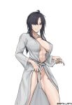 1girl absurdres angelia_(girls&#039;_frontline) artist_name bathrobe black_hair breasts collarbone covered_nipples english_commentary feet_out_of_frame girls&#039;_frontline grey_eyes hair_over_one_eye highres long_hair looking_at_viewer matsu_arts medium_breasts no_bra no_panties open_clothes open_mouth open_robe robe scar scar_on_face scar_on_leg scar_on_stomach smile solo standing twitter_username white_background white_bathrobe 