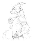 anthro belt bottomwear clothed clothing dragon horn jewelry looking_at_viewer male necklace pants scalie shirt simple_background sketch skitalets solo t-shirt topwear white_background