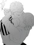  2boys beard cigarette closed_eyes facial_hair grabbing_another&#039;s_hair greyscale highres holding holding_cigarette hug kiss kzwtr8 male_focus mature_male monochrome multiple_boys one_piece pectoral_cleavage pectorals roronoa_zoro sanji_(one_piece) scar scar_on_chest shirt short_hair white_background yaoi 