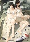  2girls absurdres bare_arms bare_legs bare_shoulders barefoot black_hair bra breasts chainsaw_man character_request cross_scar feet foot_focus highres long_hair mbr90munouk mitaka_asa multiple_girls navel panties red_eyes scar scar_on_face scar_on_nose smile soles toes underwear underwear_only white_bra white_panties 