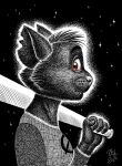 2023 anthro baseball_bat bat_(object) clothed clothing domestic_cat fangs felid feline felis female fur half-length_portrait hi_res holding_baseball_bat holding_object looking_back mae_borowski mammal mouth_closed night_in_the_woods nikraccoom notched_ear portrait red_eyes shirt side_view signature sky solo star starry_sky t-shirt teeth topwear wide_eyed