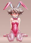  animal_ears bow bowtie brown_hair bunny_ears bunnysuit detached_collar highres karasuke_d original pantyhose red_eyes short_hair sitting solo wariza 