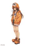  1girl absurdres bike_shorts bikini black_shorts blue_bikini blush brown_eyes brown_hair cabbie_hat full_body guilty_gear guilty_gear_strive hat hat_ornament highres hood hoodie long_hair looking_at_viewer may_(guilty_gear) mil17459623 orange_footwear orange_headwear orange_hoodie shorts skull_and_crossbones skull_hat_ornament smile standing swimsuit 