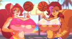 2023 anthro areola ball basketball_(ball) big_breasts blue_eyes blurred_background bodily_fluids breasts clothing digital_media_(artwork) duo eyebrows eyewear female fingers galacticmichi glasses hair huge_breasts long_hair looking_at_viewer mammal marika_(teer) outside ring_piercing rodent sciurid sweat tree_squirrel
