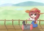  1girl :d bag between_breasts black_cat blue_skirt bow braid breasts brown_eyes brown_hair brown_headwear cat chibi collarbone commentary_request day fang fence full_body hair_over_shoulder hat hat_bow hat_ribbon highres hitchhiker&#039;s_thumb hitchhiking long_skirt long_sleeves mokezi mountainous_horizon open_mouth original outdoors plaid plaid_bow plaid_skirt ribbon road shadow shirt shoulder_bag sidelocks single_braid skirt smile standing strap_between_breasts suitcase thumbs_up white_shirt wooden_fence 