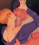  2boys bandana beard black_background black_bandana blonde_hair closed_eyes clothes_lift colored_skin earrings facial_hair flustered french_kiss grabbing_another&#039;s_chin green_hair hand_on_another&#039;s_chin highres jewelry kiss kzwtr8 male_focus mature_male multiple_boys one_piece roronoa_zoro sanji_(one_piece) shirt shirt_lift short_hair simple_background single_earring sweat tan teeth tongue tongue_out white_shirt white_skin yaoi 