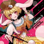  1girl :p album_cover animal_ears black_choker blonde_hair blue_sleeves brown_headwear cabbie_hat choker circle_name collarbone cover cowboy_shot dango english_text eyelashes fingernails floppy_ears food frilled_shirt_collar frills game_cg gold_bracelet hand_on_own_ear hat hat_bobbles hatsunetsumiko&#039;s holding holding_food knee_up light_blush light_rays looking_at_viewer midriff mochinue navel official_art orange_shirt orange_sleeves outstretched_arm pants parted_lips pink_background rabbit_ears rabbit_girl red_eyes ringo_(touhou) shirt short_hair short_sleeves smile solo spotlight star_(symbol) star_print striped striped_background striped_pants teeth tongue tongue_out touhou touhou_cannonball tsukimi_dango two-sided_sleeves upper_teeth_only vertical-striped_pants vertical_stripes wagashi wide_sleeves yellow_pants 