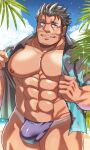  1boy abs absurdres bara bare_pectorals beach beard black_hair brown_eyes bulge collarbone dagon_(housamo) dark-skinned_male dark_skin facial_hair grin hawaiian_shirt highres jewelry large_pectorals long_sideburns looking_at_viewer male_focus male_swimwear mature_male muscular muscular_male necklace nipples official_alternate_costume pectorals ramusyutarou sharp_teeth shirt short_hair sideburns smile solo sparkle stubble swim_briefs teeth tentacles tokyo_afterschool_summoners 