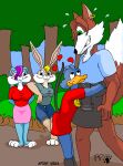 &lt;3 anthro binky_bunny_(rutwell) black_nose blonde_hair blue_body blue_eyes blue_fur bodily_fluids bottomless bottomwear breasts buckteeth canid canine clothed clothing dipstick_tail embrace female flying_sweatdrops forest fox fur green_eyes group hair harley_(kthanid) hug joy_bunny kthanid_(artist) lagomorph leporid male male/female mammal markings monotreme older_male_younger_female outside pink_nose plant platypus purple_hair rabbit rutwell_forest sheila_platypus shorts shrub skirt sweat sweatdrop tail tail_markings tan_body tan_fur teeth tree