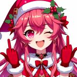  1girl christmas double_middle_finger gloves hat middle_finger non-web_source pink_hair red_gloves santa_costume santa_hat 