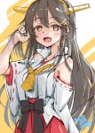  1girl bare_shoulders black_hair brown_eyes detached_sleeves gold_hairband hair_ornament hairband hairclip hakama haruna_(kancolle) haruna_kai_ni_(kancolle) headgear highres japanese_clothes kantai_collection long_hair nontraditional_miko one-hour_drawing_challenge popped_collar red_hakama red_skirt ribbon-trimmed_sleeves ribbon_trim skirt solo usami_(50-point_caliper) 