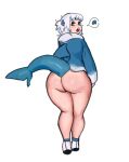 animal_humanoid big_butt blue_body blue_clothing blue_eyes blue_highlights blue_hoodie blue_scales blue_topwear bottomless butt clothed clothing dialogue dolecat dorsal_fin eyelashes female fin fish fish_humanoid fish_tail footwear gawr_gura hair highlights_(coloring) hololive hoodie huge_butt humanoid looking_at_viewer looking_back looking_back_at_viewer marine marine_humanoid open_mouth rear_view scales shark_humanoid shoes solo speech_bubble tail tailed_humanoid tan_body tan_skin text thick_thighs topwear vtuber white_clothing white_footwear white_hair white_shoes wide_hips