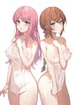  2girls absurdres blue_eyes blush braid breasts brown_hair character_request commentary_request covered_navel covered_nipples covering_privates cowboy_shot enicia_to_keiyaku_mon hand_up highres large_breasts long_hair looking_at_viewer multiple_girls naked_towel nude_cover open_mouth pink_hair see-through simple_background standing tansuan_(ensj3875) towel wet white_background 