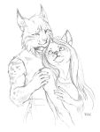 anthro clothed clothing duo eye_contact felid feline female fur hair holding_shoulder looking_at_another lynx male mammal simple_background skitalets smile white_background