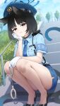  1girl absurdres bare_legs black_footwear blue_archive gloves high_heels highres holding kikyou_(blue_archive) legs looking_at_viewer outdoors pizza_(pizzania_company) police police_uniform policewoman shadow short_sleeves solo squatting tagme thighs uniform white_gloves 