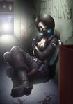  backpack bag blood blood_stain bodysuit boots breasts brown_eyes brown_hair car christine_yamata cleavage collarbone covering ground_vehicle large_breasts mask motor_vehicle police_car resident_evil resident_evil_operation_raccoon_city short_hair signature solo thor_(deep_rising) torn_clothes 