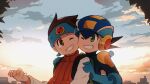  2boys 3suisousui bandana blue_headband blue_headwear blue_sky bodysuit brothers brown_eyes brown_hair cheek-to-cheek commentary_request dawn green_eyes hand_on_another&#039;s_shoulder headband heads_together helmet highres lan_hikari_(mega_man) male_focus mega_man_(series) mega_man_battle_network_(series) megaman.exe multiple_boys one_eye_closed orange_sky short_hair siblings sky smile spiked_hair teeth vest 