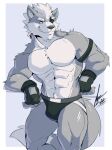 abs anthro biceps canid canine canis clothed clothing eye_patch eyewear fur gloves grey_body grey_fur hair handwear hi_res jockstrap lofnirv male mammal muscular muscular_anthro muscular_male nintendo pecs simple_background smile solo star_fox tail teeth topless underwear wolf wolf_o&#039;donnell
