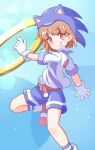  1girl atari_(puyopuyo) blue_background blue_headwear blue_shorts blue_socks cosplay gloves gold_ring highres jazz_grace licking_lips looking_at_viewer puyopuyo puyopuyo_quest red_eyes red_footwear shirt short_hair short_sleeves shorts smile socks solo sonic_(series) sonic_the_hedgehog sonic_the_hedgehog_(cosplay) tongue tongue_out white_gloves white_shirt 