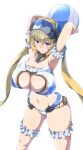  1girl ball beachball bikini blonde_hair blue_eyes blush breasts cleavage cowboy_shot frame_arms_girl frills hresvelgr_ater large_breasts long_hair looking_at_viewer low_twintails navel sankakukin_gear smug solo swimsuit twintails very_long_hair 