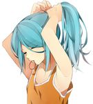  adjusting_hair androgynous armpits bad_id bad_pixiv_id blue_hair closed_eyes inazuma_eleven inazuma_eleven_(series) kazemaru_ichirouta long_hair mouth_hold otoko_no_ko ponytail tying_hair yorozuyozu 